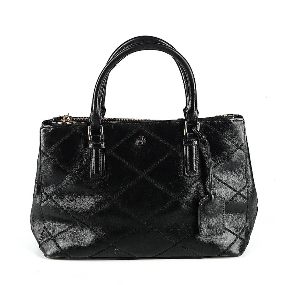 Tory Burch Black Stitched Quilted Leather Double Zip Tote